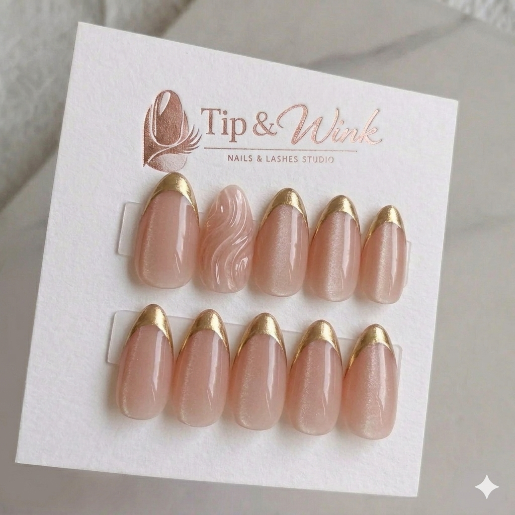 Tip & Wink press-on nail set — pearl nude shimmer almond