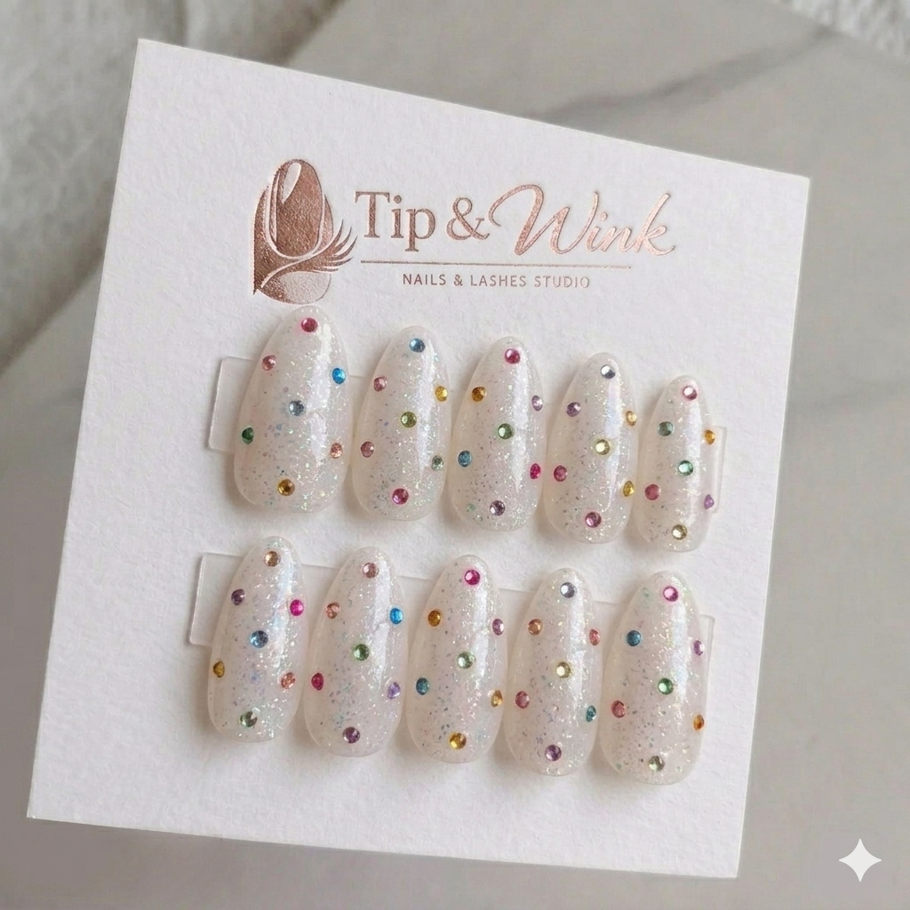 Tip & Wink press-on nail set — nude gold french tip almond