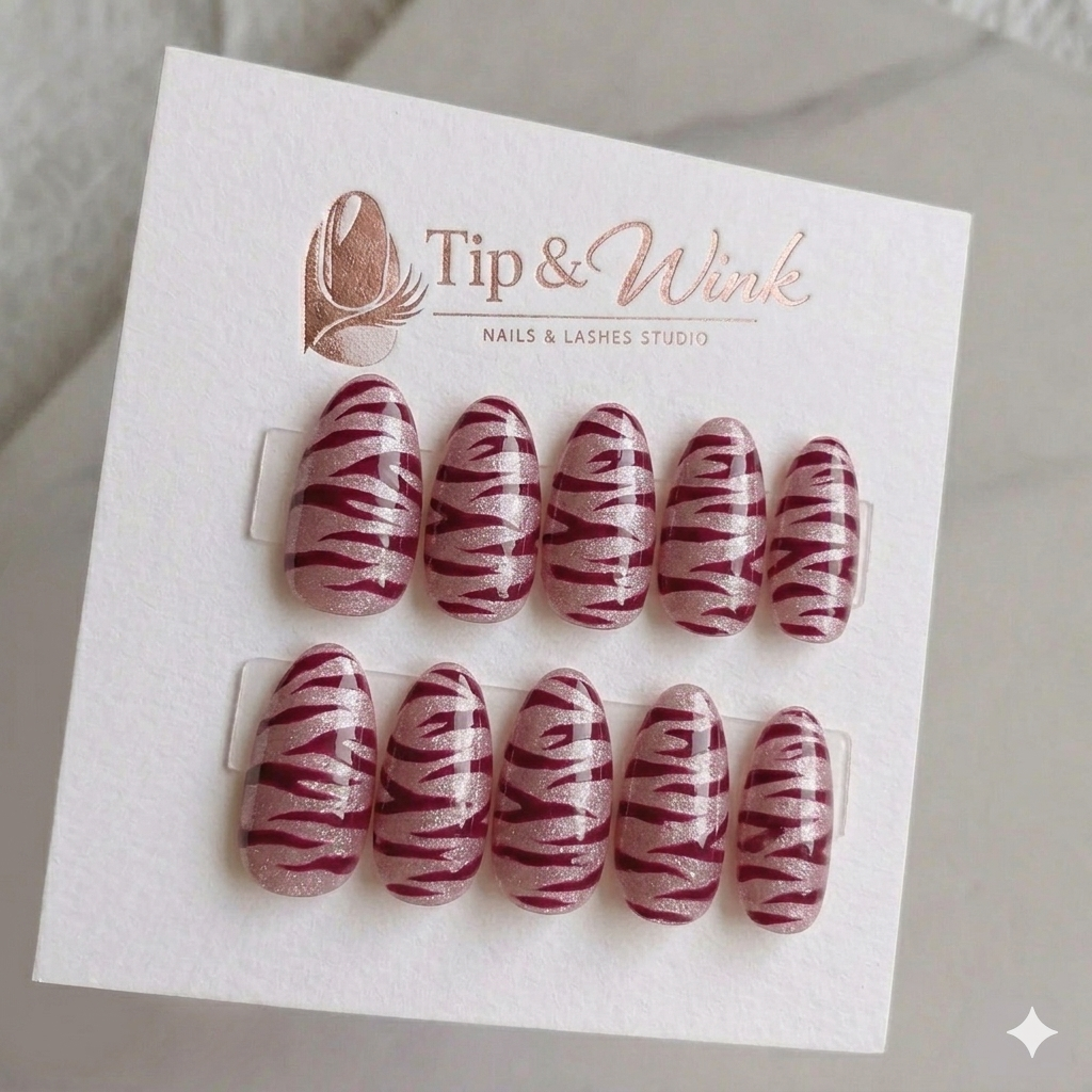 Tip & Wink press-on nail set — red hearts rhinestone almond