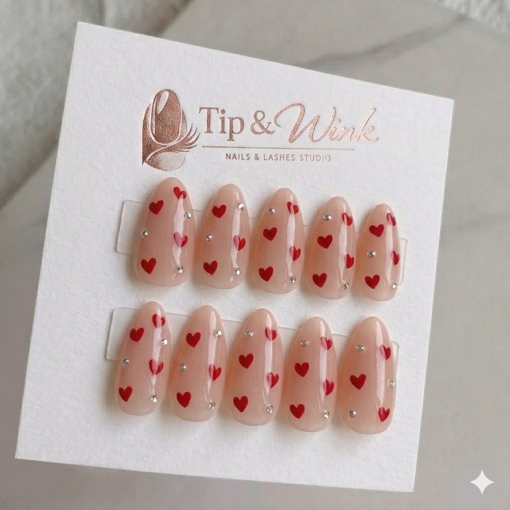 Tip & Wink press-on nail set — deep red gold border almond